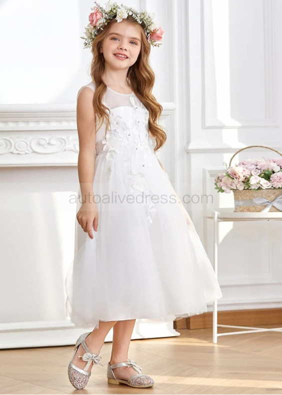 Ivory Beaded Lace Appliques Tulle Tea Length Flower Girl Dress